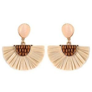 Viola Half Circle Earrings Wood Beads Raffia NWT